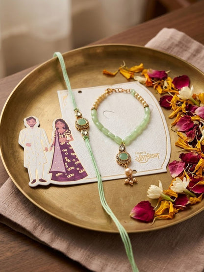 Dhiyona Set Of 2 Artificial Stones & Beads Bhaiya Bhabhi Rakhi With Roli Chawal Chandan