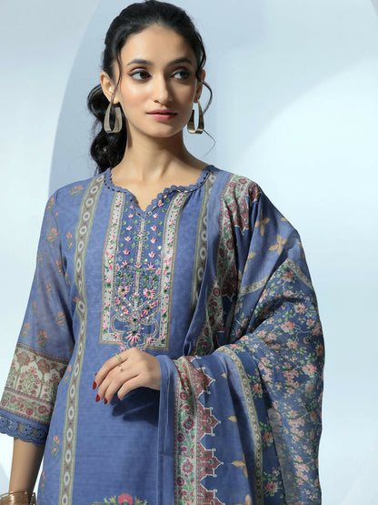 Women's LB Blue Printed Linen Straight Suit With Dupatta