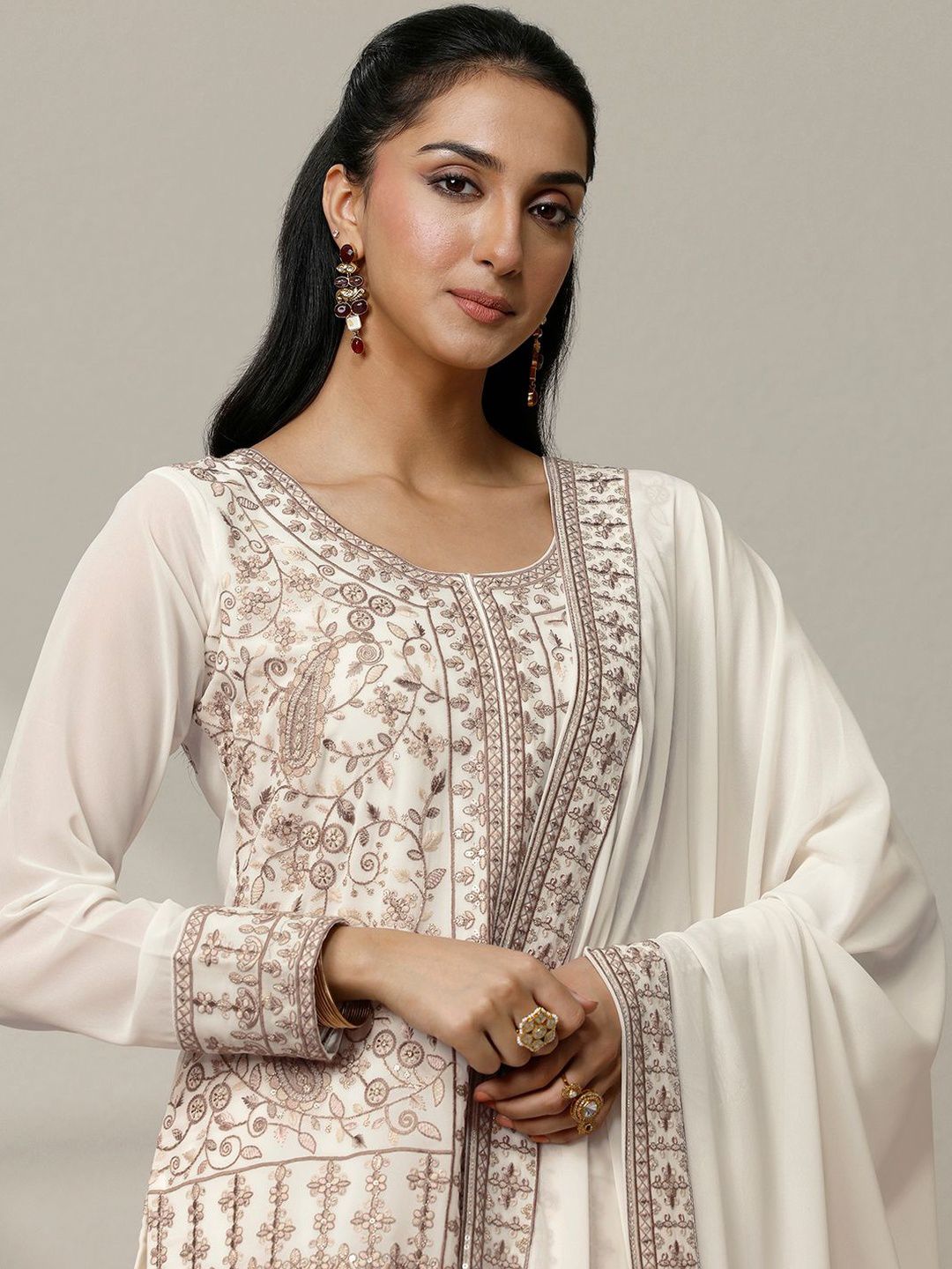 Dhiyona LL Women Ethnic Motifs Embroidered Panelled Thread Work Kurta with Palazzos & With Dupatta