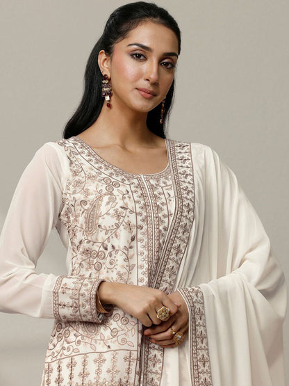 Dhiyona LL Women Ethnic Motifs Embroidered Panelled Thread Work Kurta with Palazzos & With Dupatta