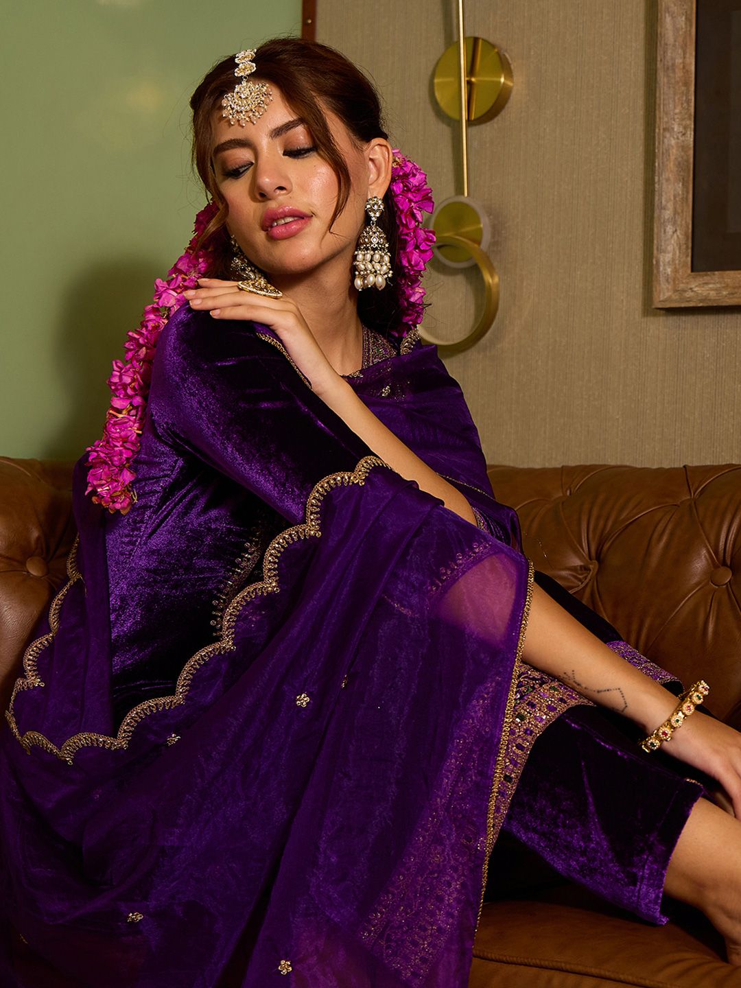 Dhiyona CH Women Ethnic Motifs Embroidered Regular Mirror Work Velvet Kurta with Trousers & With Dupatta