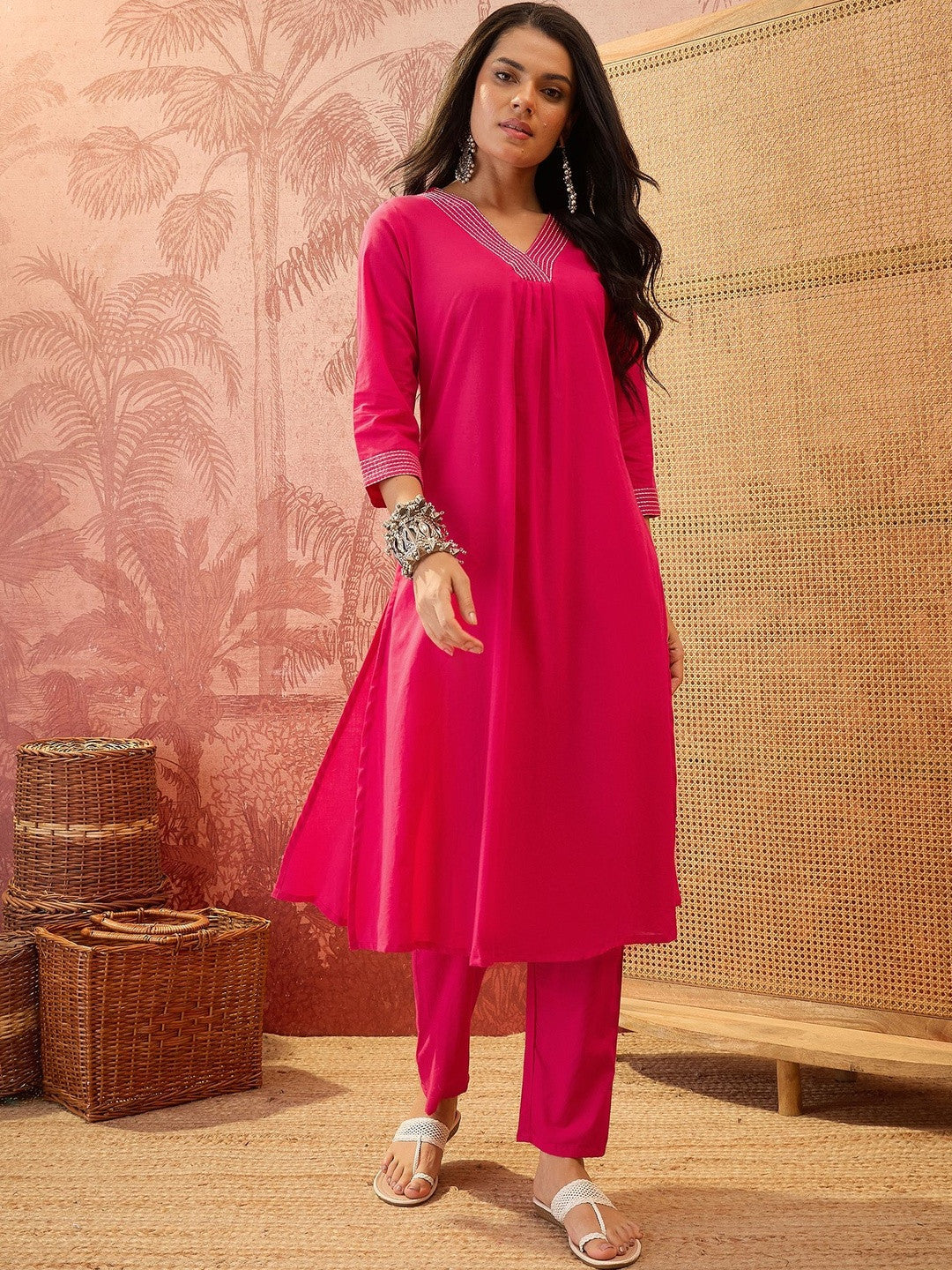 Women Regular Thread Work Pure Cotton Kurta with Trousers