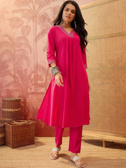 Women Regular Thread Work Pure Cotton Kurta with Trousers