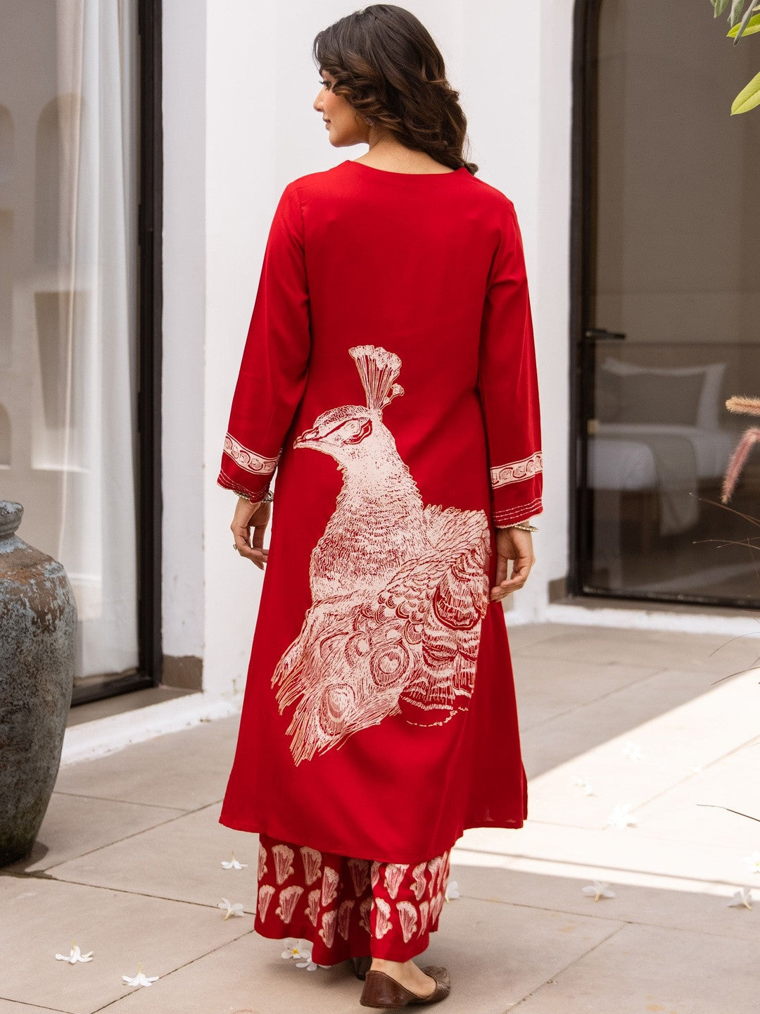 Birds Printed Notch Neck Thread Work Kurta With Palazzos