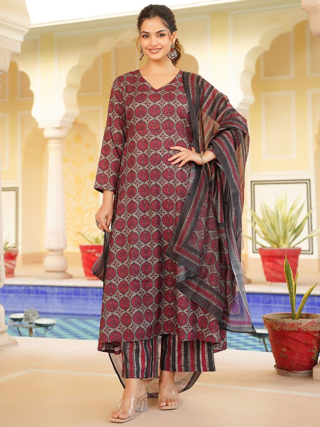 Dhiyona KL Floral Printed V-Neck A-Line Kurta with Palazzos And Dupatta