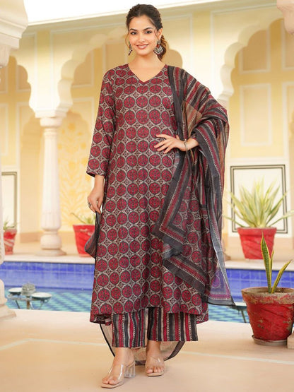 Dhiyona KL Floral Printed V-Neck A-Line Kurta with Palazzos And Dupatta