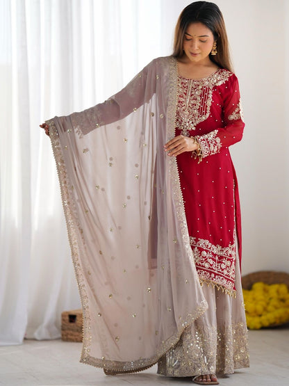 Dhiyona KL Women Ethnic Motifs Embroidered Regular Kurta with Sharara & With Dupatta
