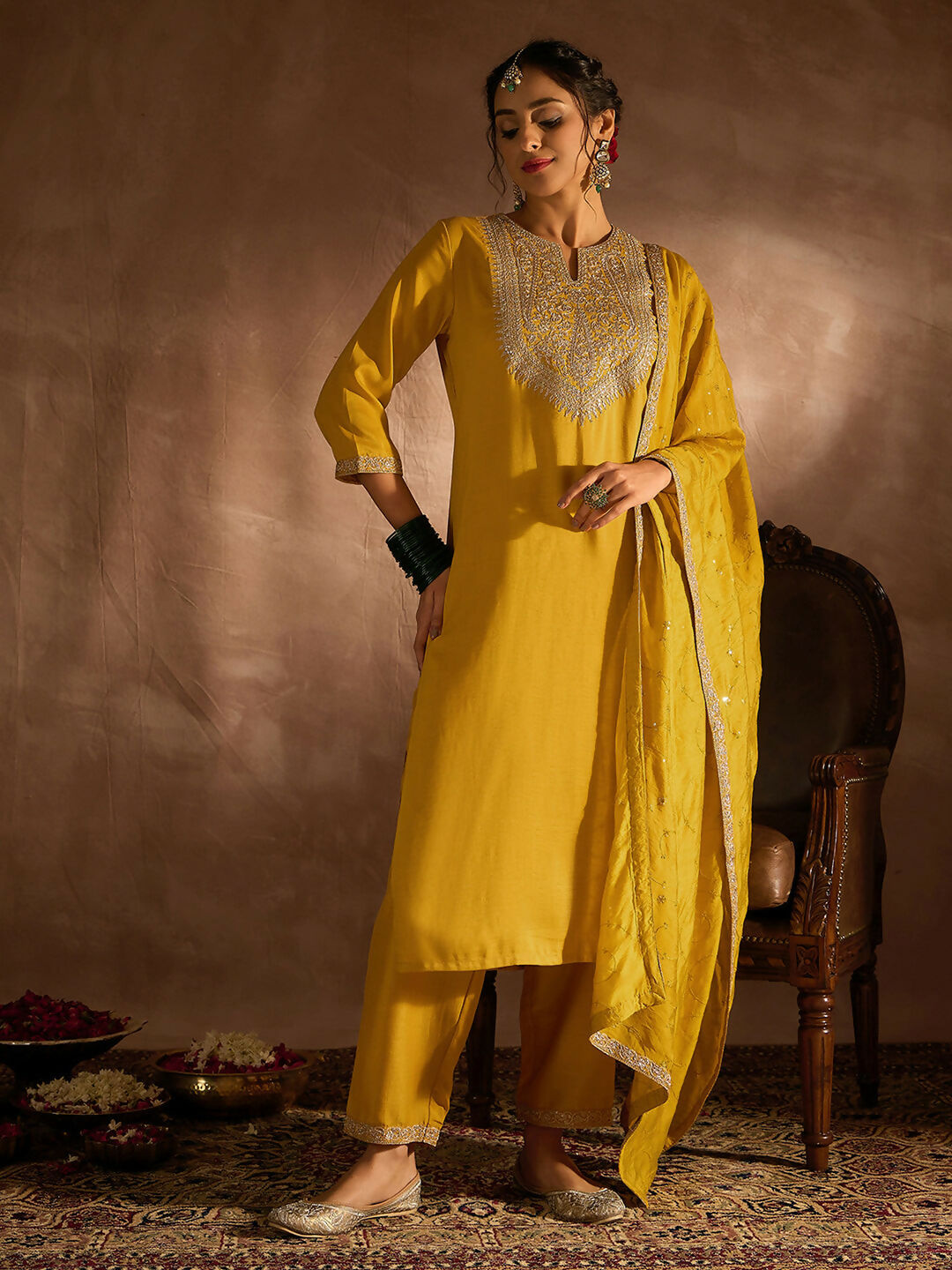 Women's Yellow Embroidered Straight Kurta Trousers With Dupatta set