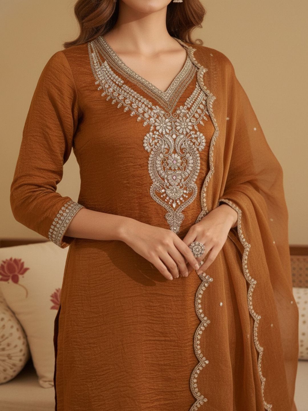 Dhiyona CH Women Ethnic Motifs Embroidered Regular Thread Work Kurta with Palazzos & With Dupatta