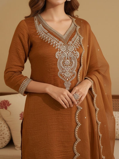 Dhiyona CH Women Ethnic Motifs Embroidered Regular Thread Work Kurta with Palazzos & With Dupatta