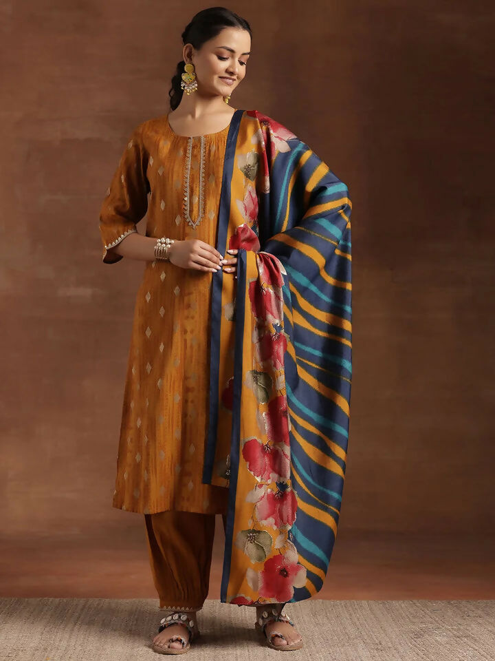 Women's LB Mustard Woven Design Silk Blend Straight Suit With Dupatta