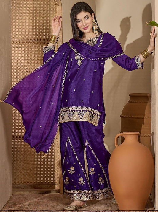 Dhiyona SN Ethnic Motifs Zari Sequence Thread Embroidered Kurta With Palazzos & Dupatta