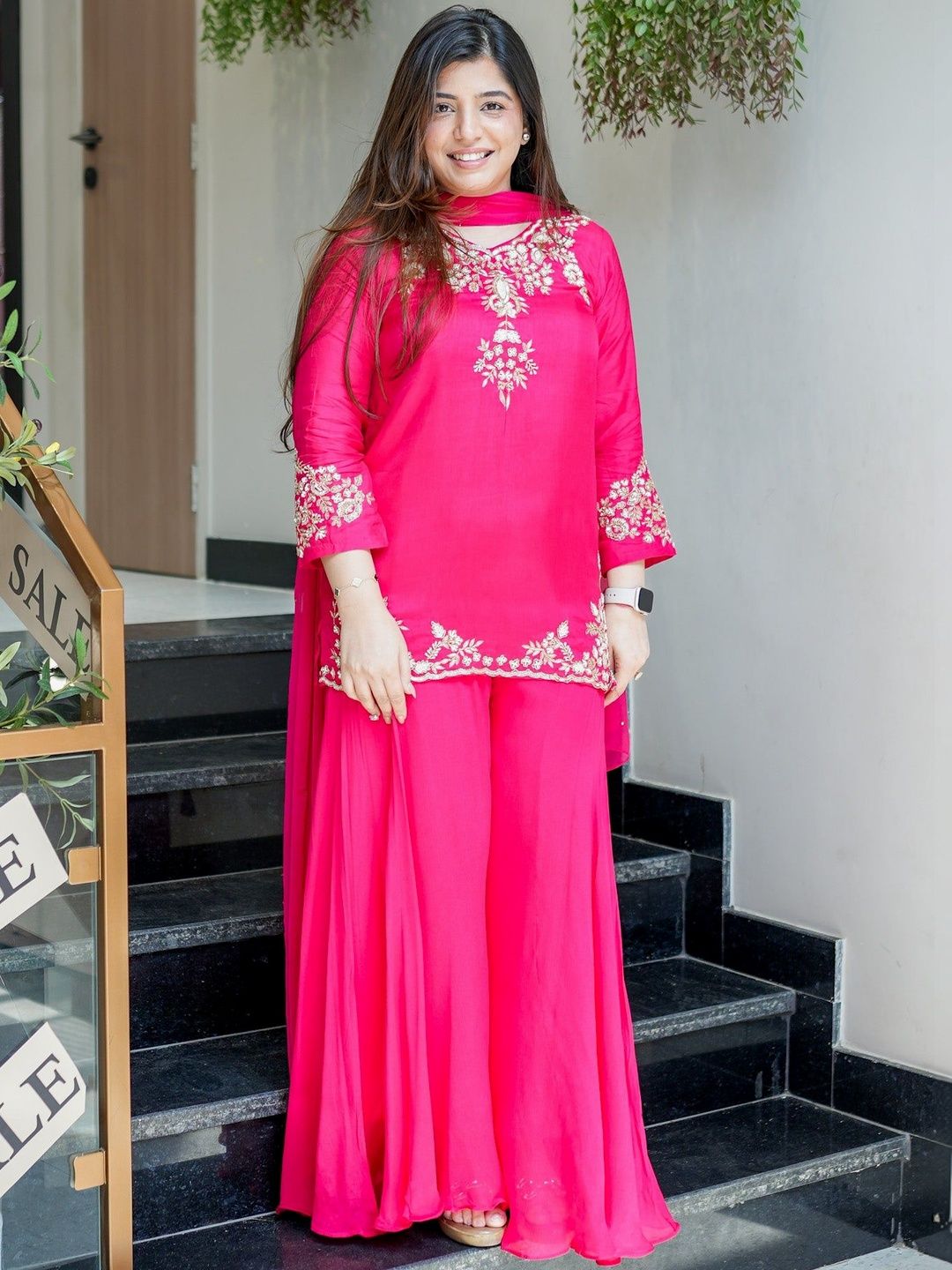 Dhiyona KL Women Ethnic Motifs Embroidered Regular Thread Work Silk Crepe Kurta with Palazzos & With Dupatta