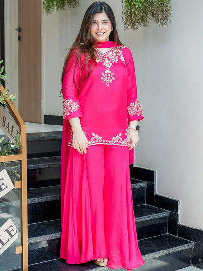 Dhiyona KL Women Ethnic Motifs Embroidered Regular Thread Work Silk Crepe Kurta with Palazzos & With Dupatta
