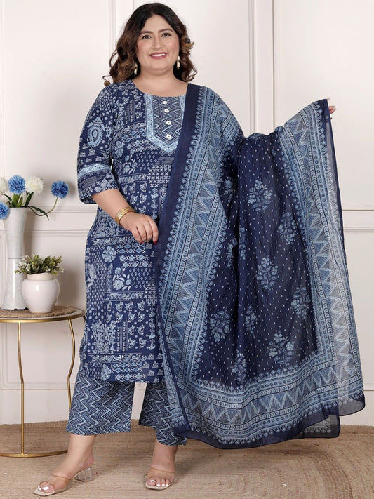 Dhiyona KL Women Plus Size Ethnic Motifs Printed Regular Pure Cotton Kurta Set With Dupatta