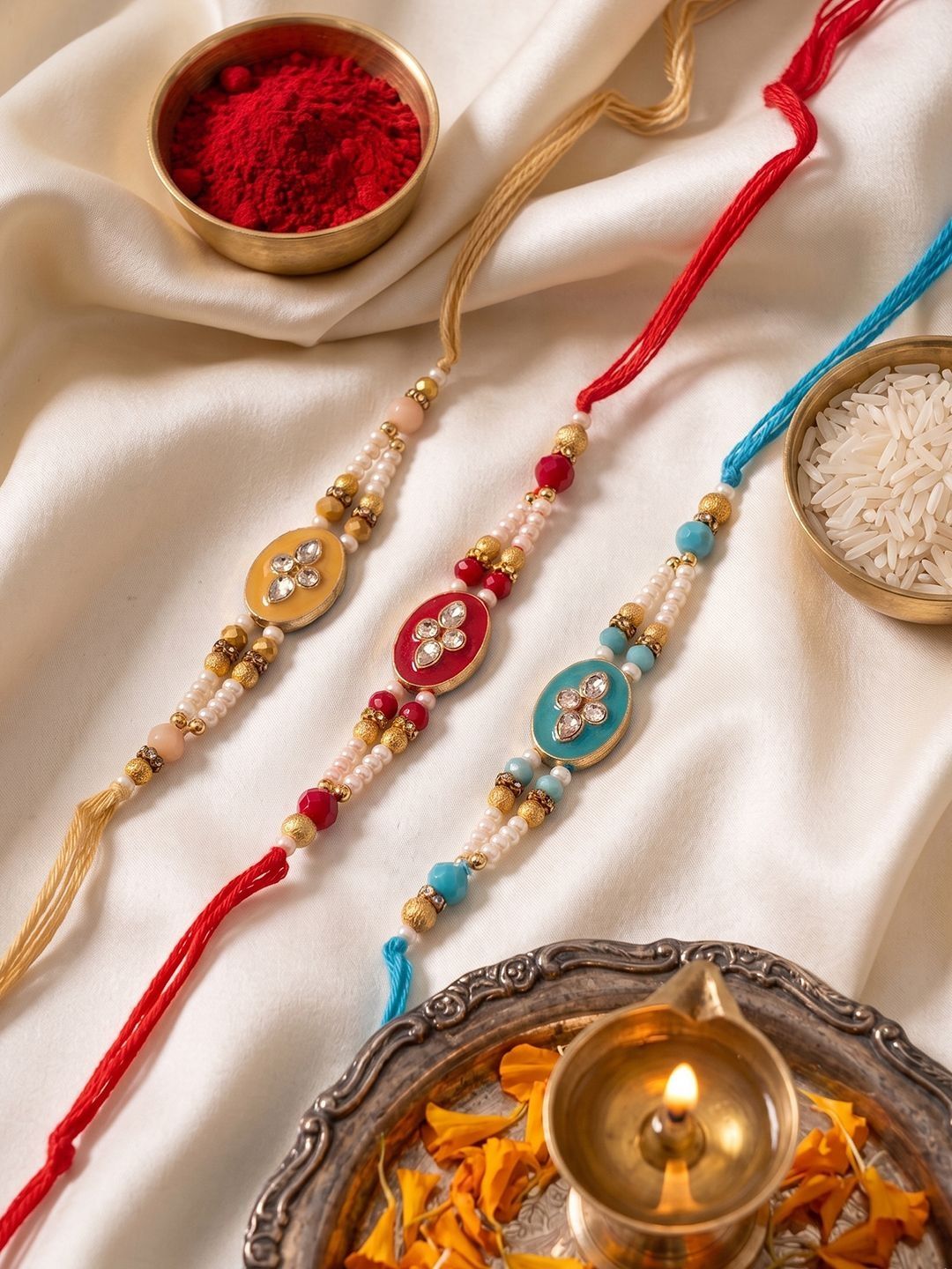 Dhiyona Set Of 3 Multicolor Artificial Beads & White Pearls Thread Rakhi With Roli Chawal