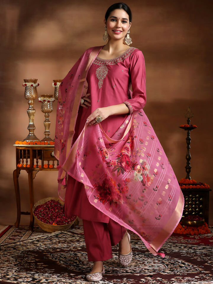 Women's LB Pink Embroidered Silk Blend Straight Suit With Dupatta