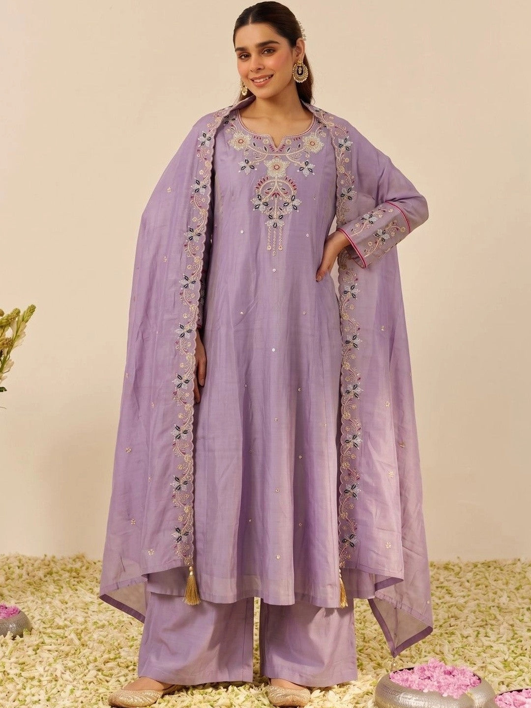 Women Ethnic Motifs Embroidered Regular Thread Work Kurta with Palazzos & With Dupatta