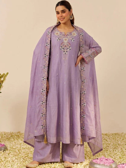 Women Ethnic Motifs Embroidered Regular Thread Work Kurta with Palazzos & With Dupatta