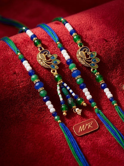 Dhiyona Set Of 4 Green Peacock Design Artificial Beads Thread Rakhi With Roli Chawal