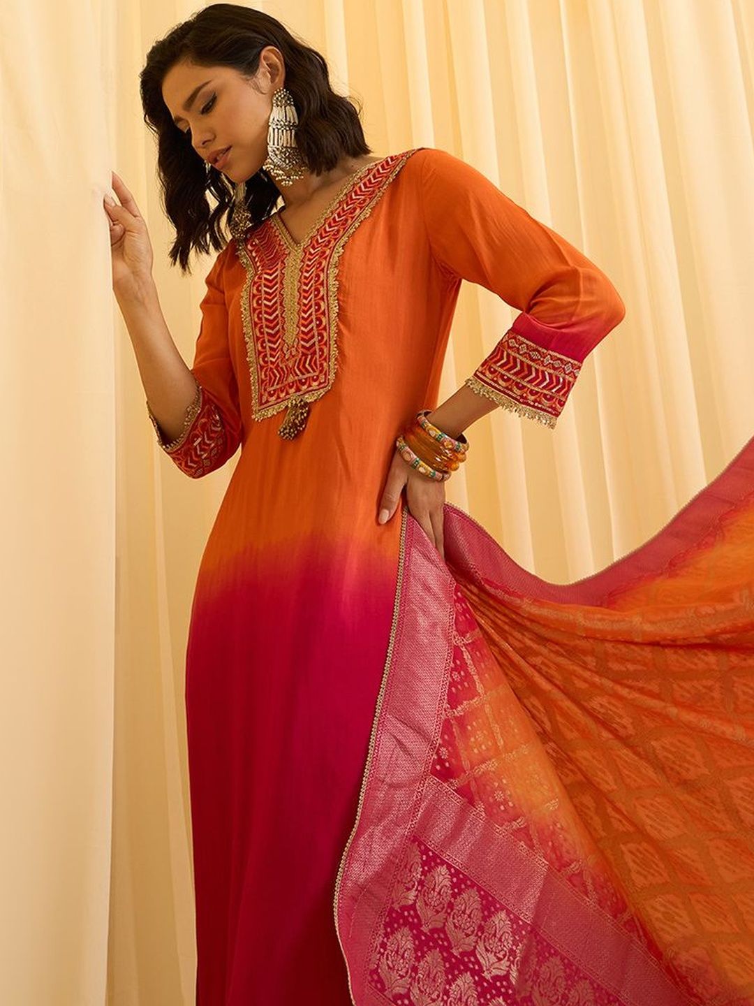Dhiyona CH Floral Embroidered V-Neck Straight Sequinned Kurta With Trousers & Dupatta