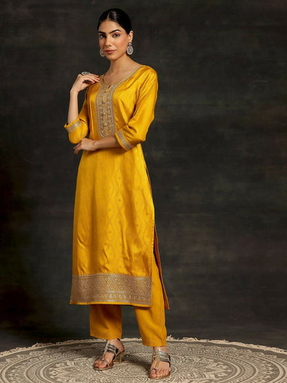 Women's LB Mustard Woven Design Silk Blend Straight Suit With Dupatta