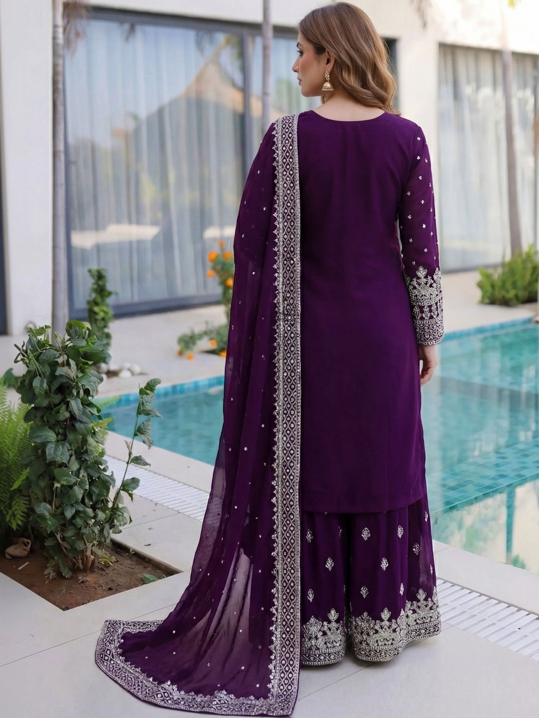 Dhiyona SN Embroidered Round Neck Straight Kurta & Sharara With Dupatta