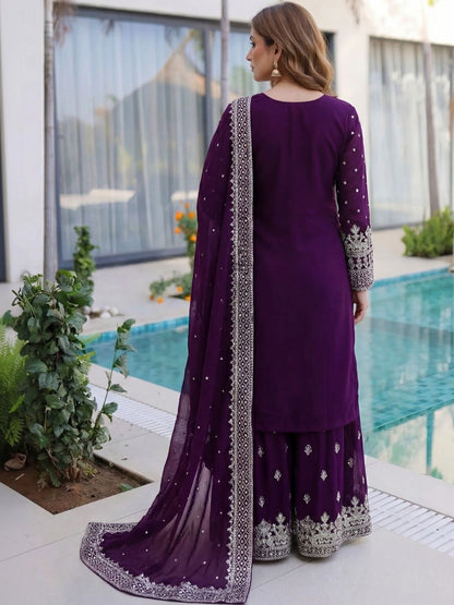 Dhiyona SN Embroidered Round Neck Straight Kurta & Sharara With Dupatta