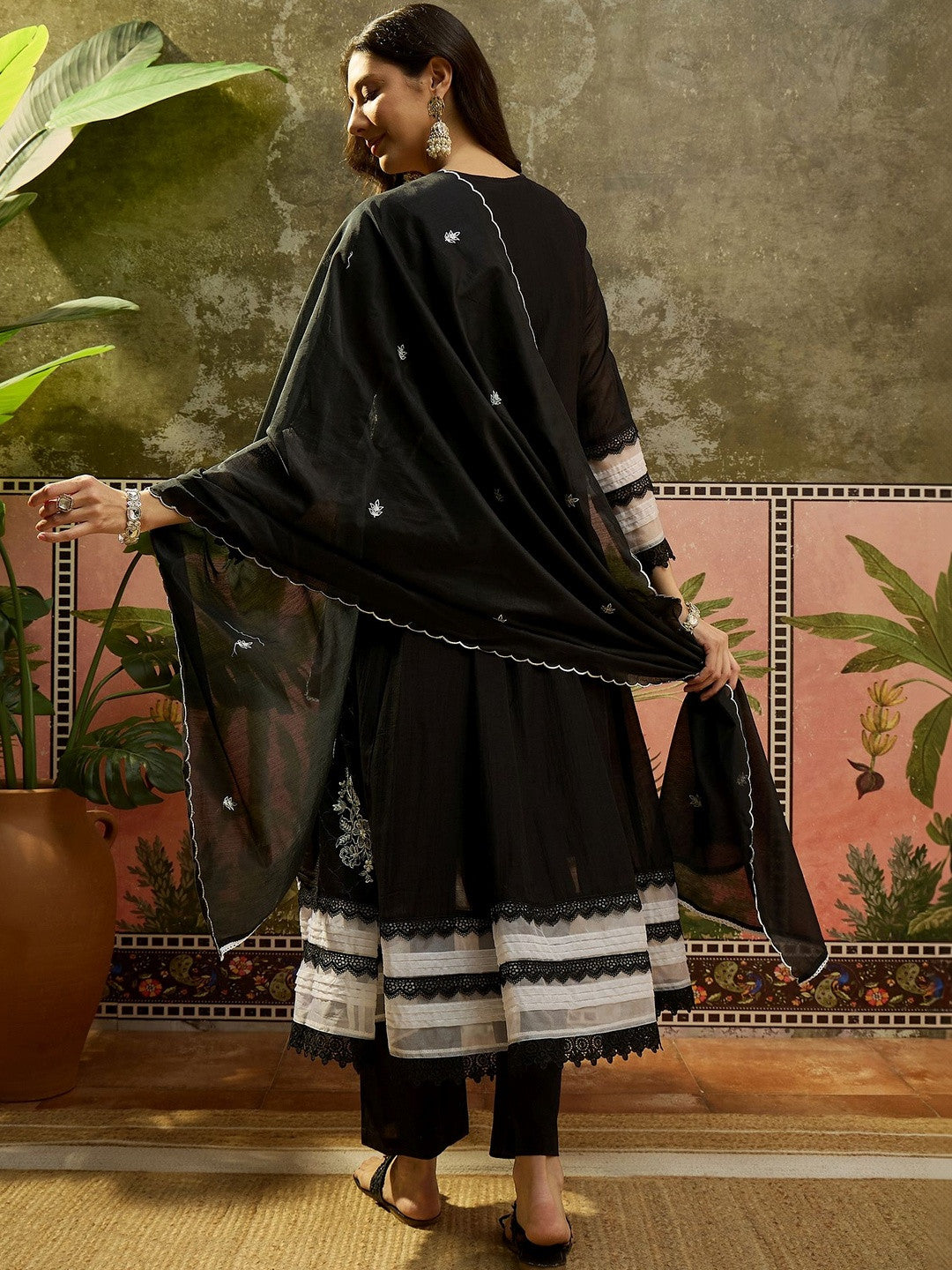 Embroidered Pure Cotton V-Neck Kurti & Trousers