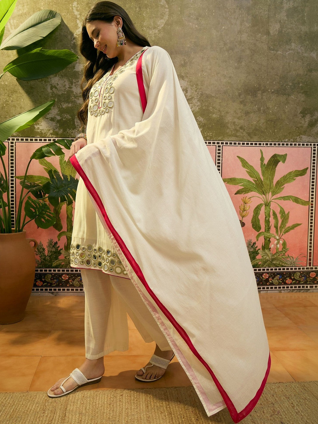 Embroidered Pure Cotton Round Neck Kurta & Trousers With Dupatta