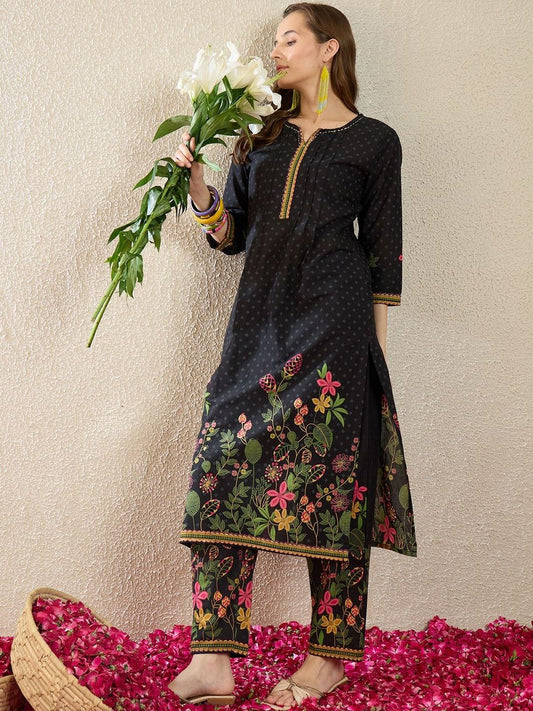 Dhiyona IE Printed Round Neck Three-Quarter Sleeves Pure Cotton Tunic And Trousers