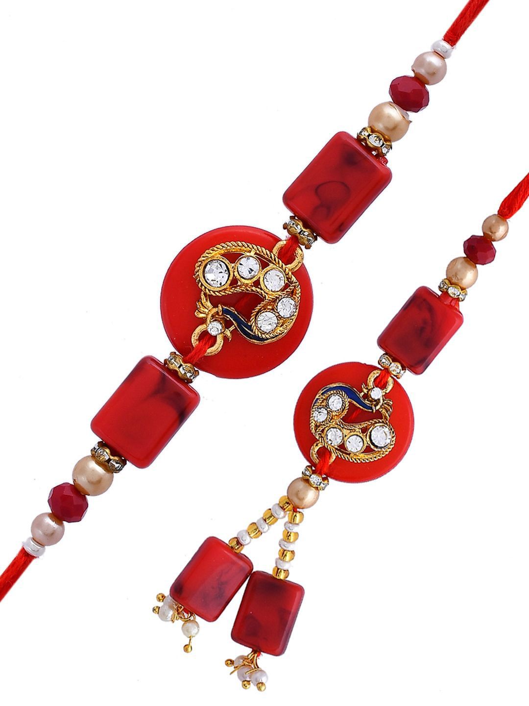 Dhiyona Gold-Toned Set Of 2 Stones Studded & Beaded Thread Rakhis With Roli Chawal