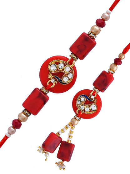 Dhiyona Gold-Toned Set Of 2 Stones Studded & Beaded Thread Rakhis With Roli Chawal