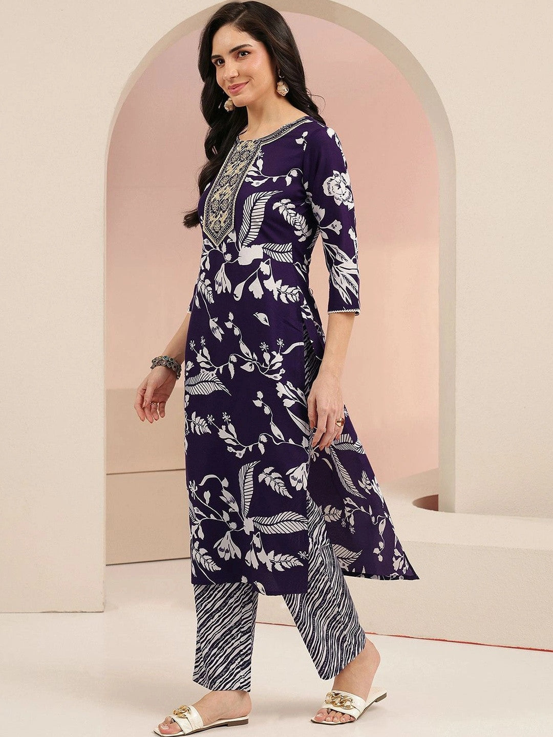 Plum Purple Floral Printed Cotton Blend Straight Suit Set