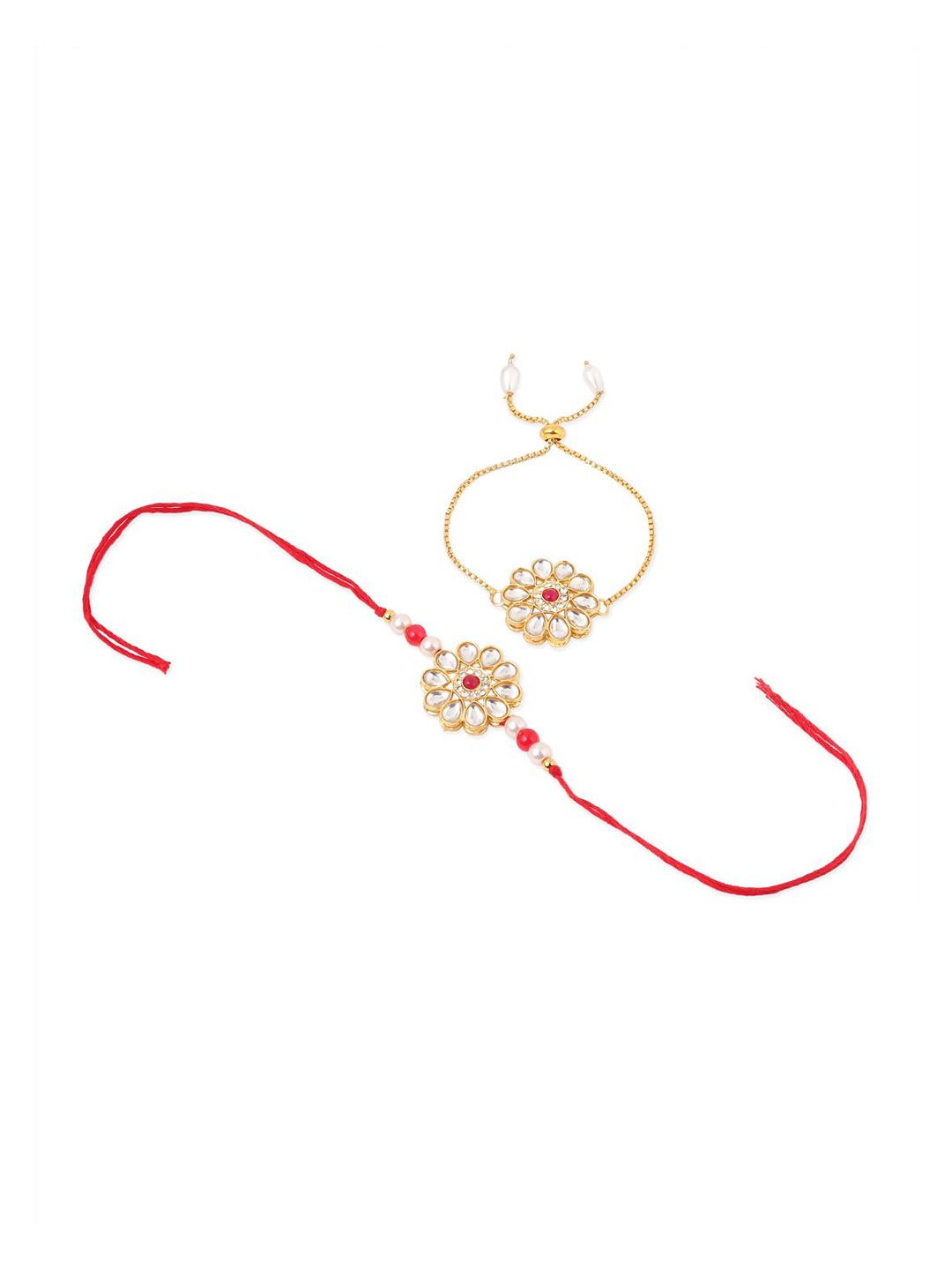 Dhiyona Set Of 2 Gold Toned Kundan Floral Design Bhaiya Bhabhi Rakhi Set With Roli Chawal