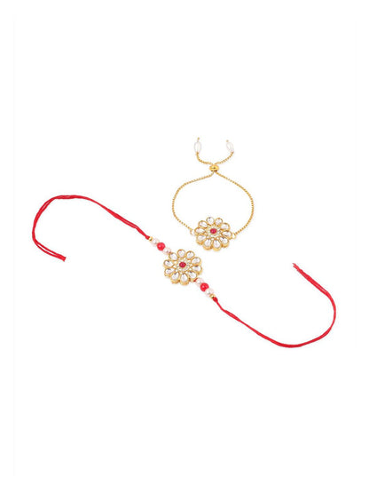 Dhiyona Set Of 2 Gold Toned Kundan Floral Design Bhaiya Bhabhi Rakhi Set With Roli Chawal