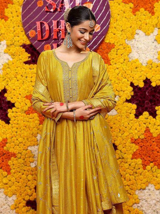 Dhiyona LL Geometric Woven Design Notch Neck Zari Straight Kurta With Palazzos And Dupatta