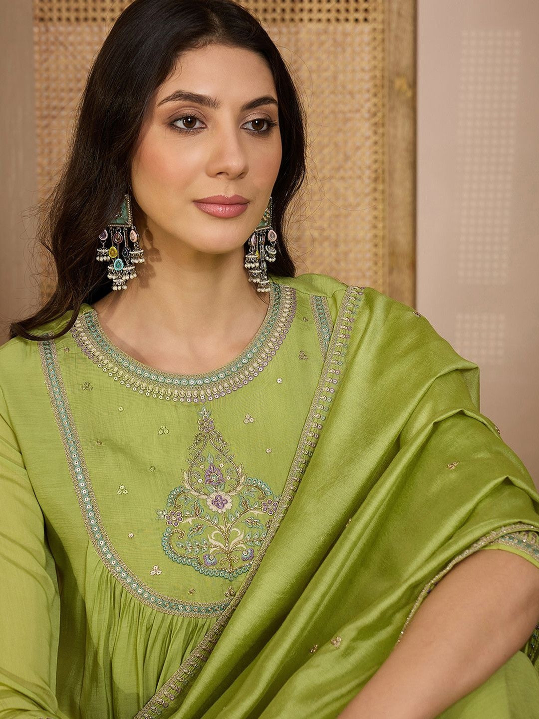 Zari Sequence Thread Embroidered Kurta With Trousers & Dupatta