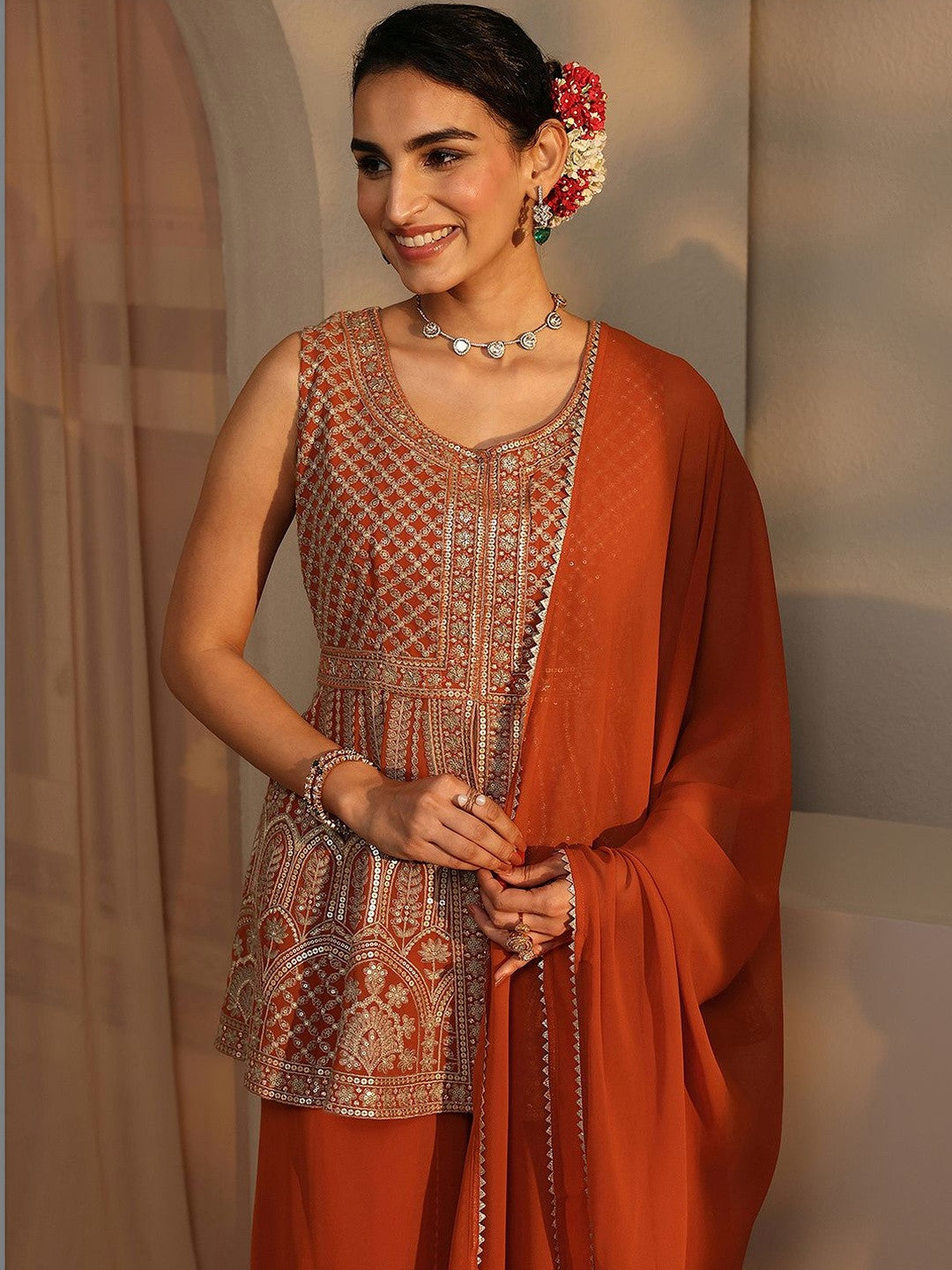 Women Ethnic Motifs Embroidered Tiered Sequinned Kurti with Palazzos & With Dupatta
