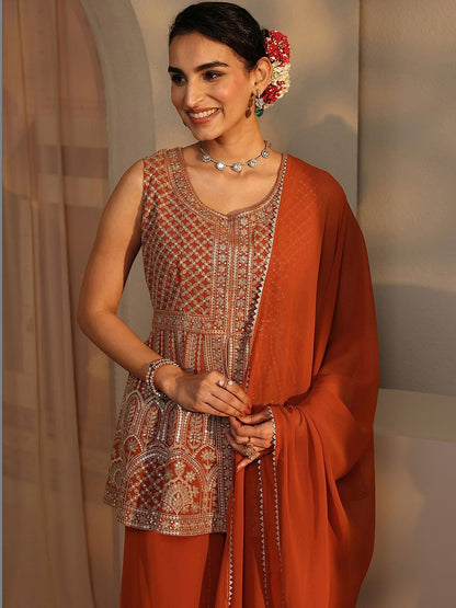 Women Ethnic Motifs Embroidered Tiered Sequinned Kurti with Palazzos & With Dupatta
