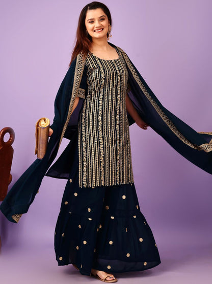 Dhiyona KL Floral Embroidered Georgette Straight Kurta with Sharara & Dupatta
