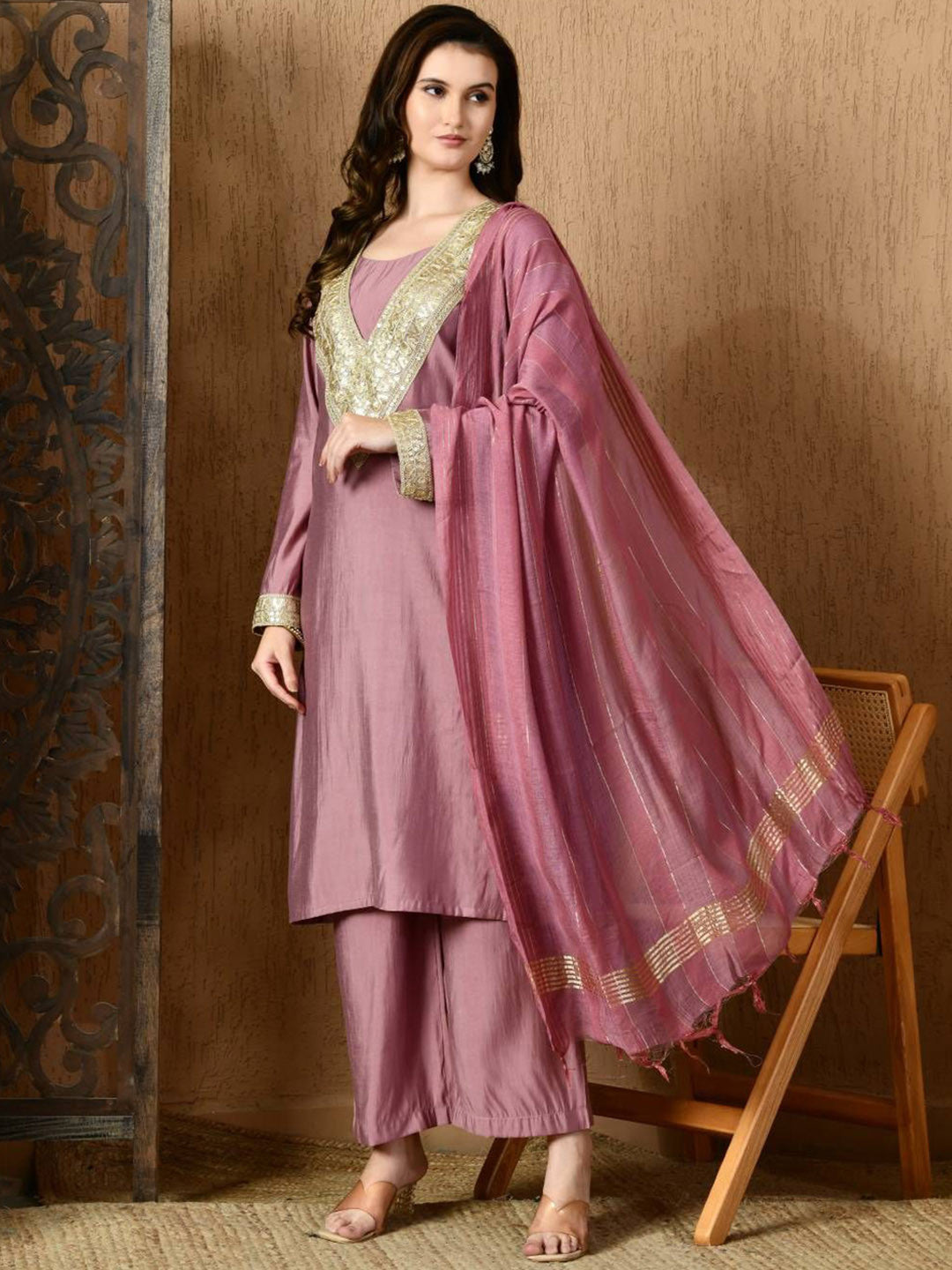 Round Neck Long Sleeves Kurta With Trousers & Dupatta