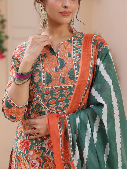 Dhiyona RR Women's Floral Printed Regular Pure Cotton Kurta with Trousers & With Dupatta