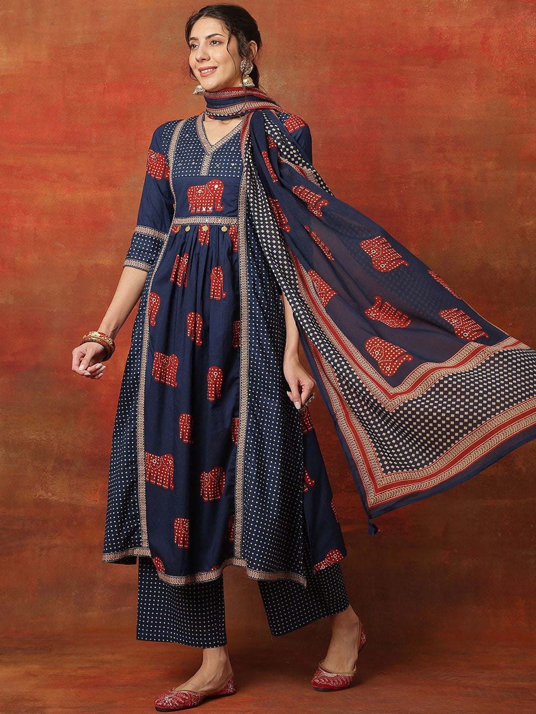 Printed Pure Cotton V-Neck Anarkali Kurta With Palazzos And Dupatta