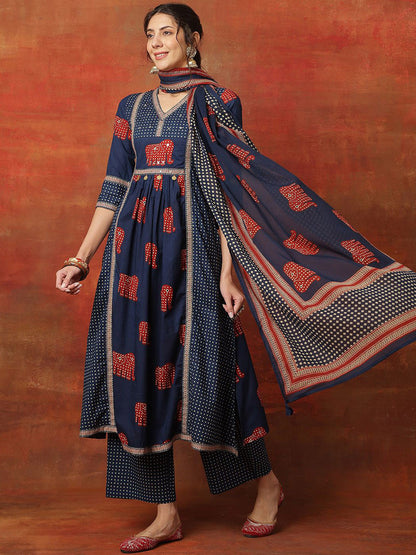 Printed Pure Cotton V-Neck Anarkali Kurta With Palazzos And Dupatta