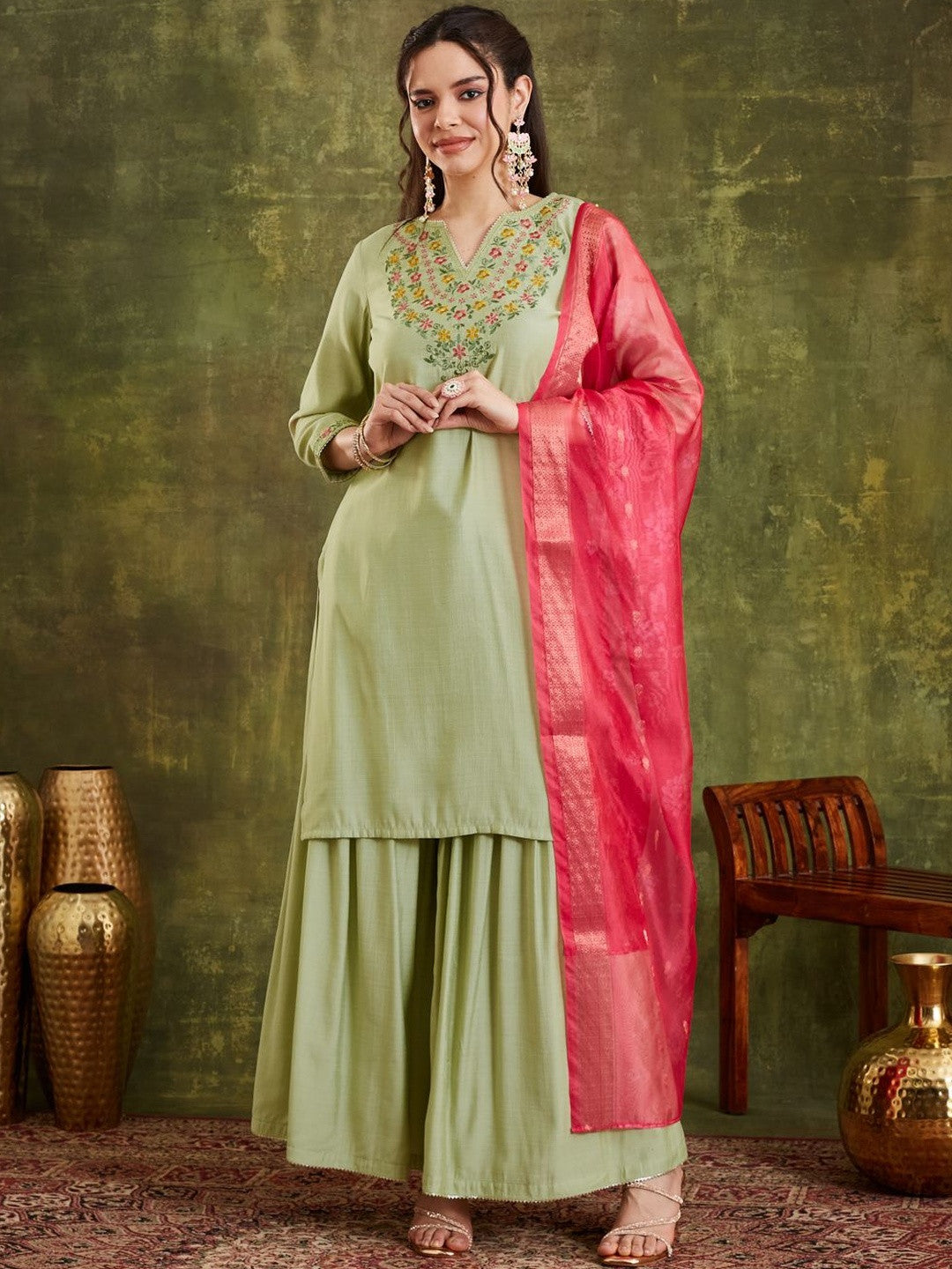 Embroidered Notched Neck Kurta & Sharara With Dupatta