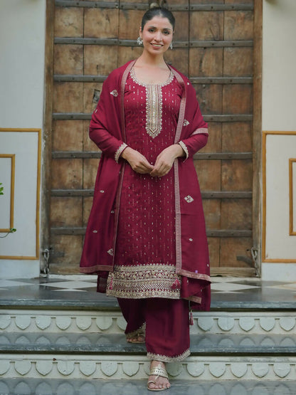 Women's LB Maroon Embroidered Silk Blend Straight Suit With Dupatta