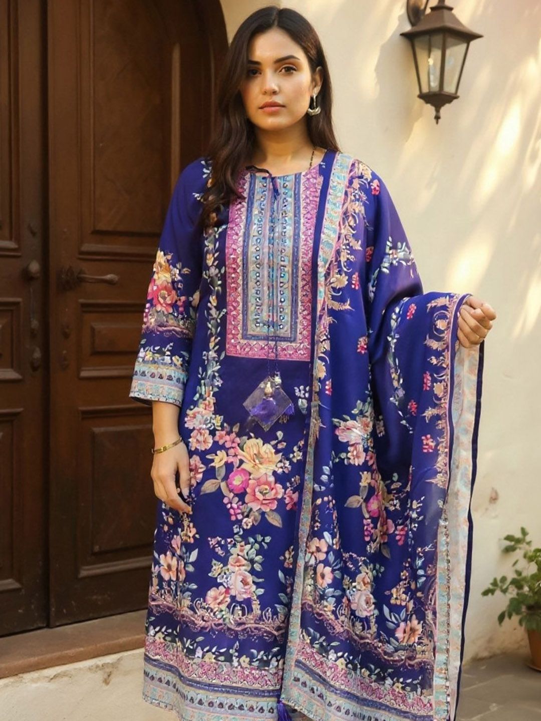 Dhiyona IE Women Floral Printed Regular Beads & Stones Kurta with Trousers & Dupatta