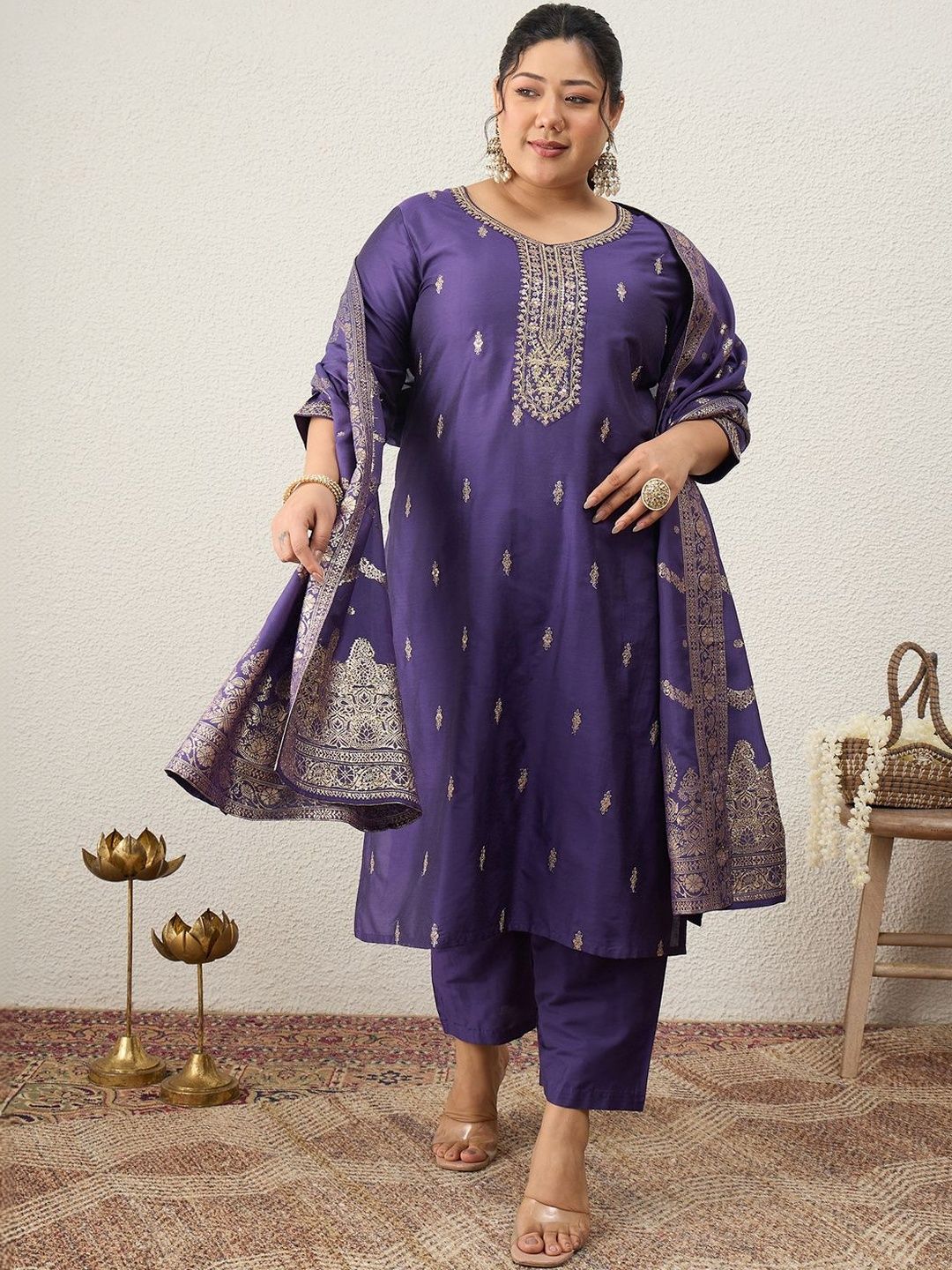 Dhiyona Women's Ethnic Motifs Embroidered Regular Kurta with Trousers & With Dupatta