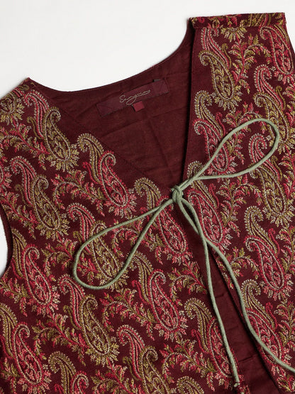 Winter Ethnic Fusion three-Piece kurta Set with Tassel-Tie Jacquard Jacket